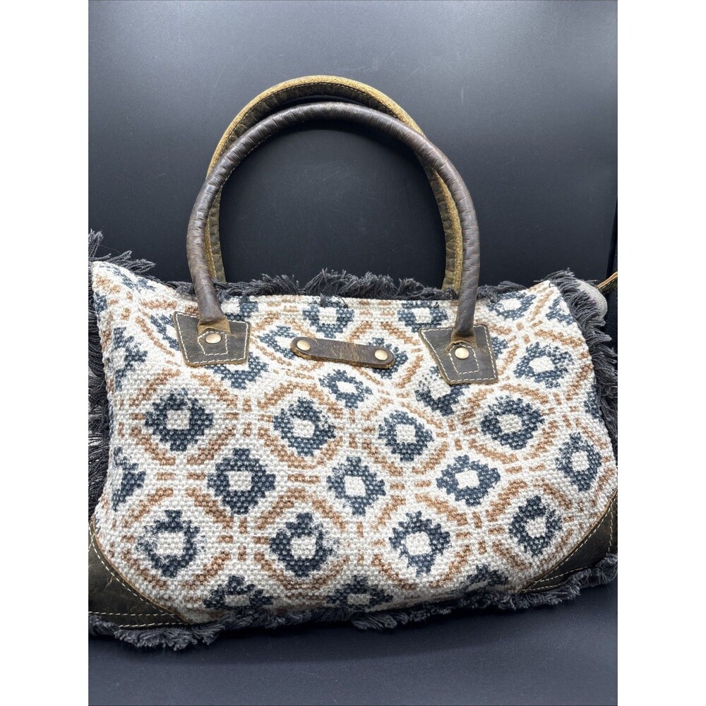 Myra Bag Purse Western Style, Cowhide Side & Up-Cycled Woven Canvas, Leather